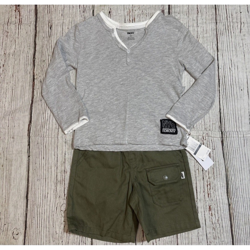 DKNY Two Piece Little Boys Size 5 Gray Pullover Top Green Shorts Logo NWT